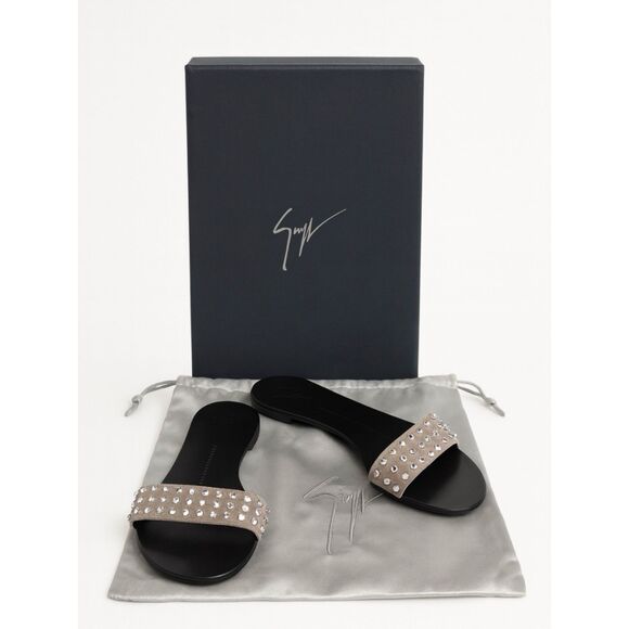 Giuseppe Zanotti Tan Suede Rhinestone Flat Slip-on Sandals 37 / US 6.5 Italy - Picture 1 of 11